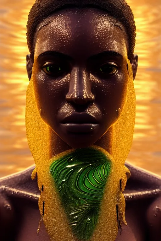 Image similar to hyperrealistic precisionist cinematic underwater scene with fish and algae, very expressive! translucent elegant african goddess, full body, gold jewerly, highly detailed face, digital art masterpiece, aykut aydogdu zener, dramatic volumetric light, long shot, low angle uhd 8 k, sharp focus