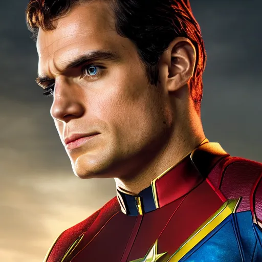 Image similar to Henry Cavill as Captain Marvel, hyperdetailed, 4k, DSLR photograph