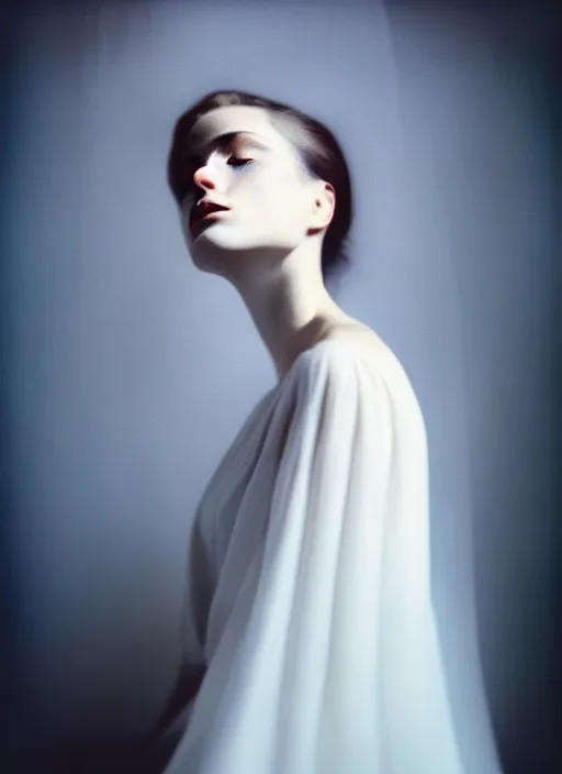 Image similar to kodak portra 4 0 0 double exposure slow motion photo portrait of a beautiful woman in style of antoine d'agata, dressed a long white, elegant, highly detailed, sharp focus,, octane render, ethereal, out worldly colours, emotionally evoking, head in focus, soft blur light dreamy, volumetric lighting unreal engine, epic fantasy