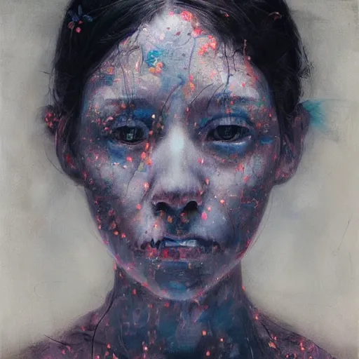 Image similar to ghostly female portrait in detail in oil paint by james jean,