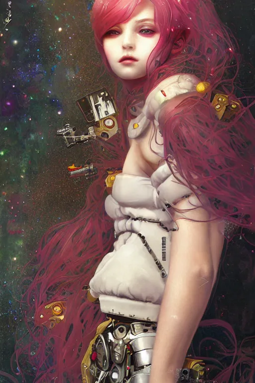 Prompt: portrait of beautiful young fairy cyborg, cyberpunk, Warhammer, highly detailed, artstation, illustration, art by Gustav Klimt and Range Murata and Ilya Kuvshinov and Sakimichan