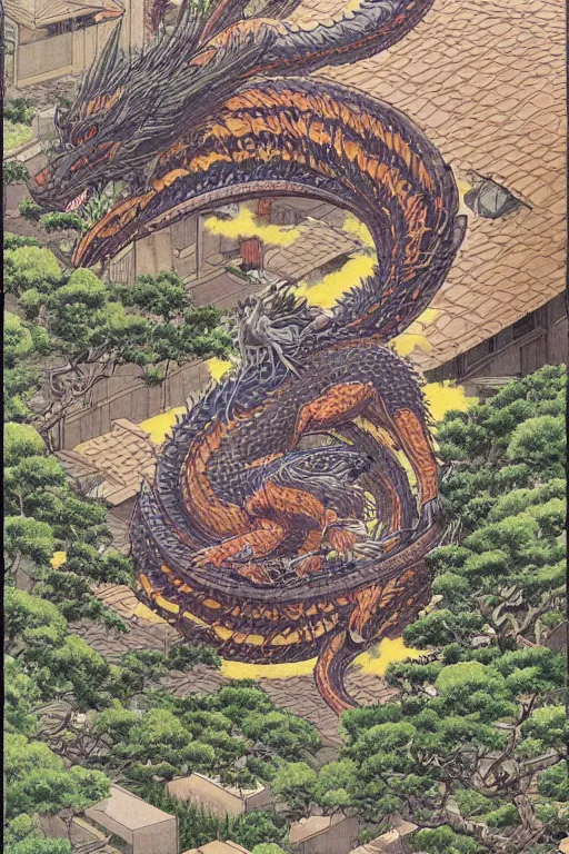 Image similar to beautiful hyperdetailed anime illustration of a dragon spiral over a rural japanese home, by moebius, masamune shirow and katsuhiro otomo