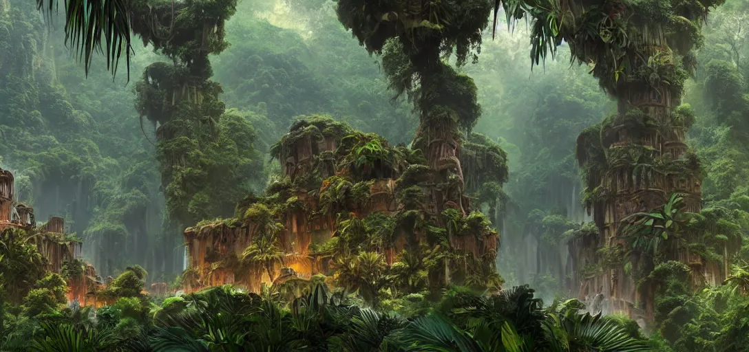 Image similar to exotic tropical jungle, astec ruins of el dorado, concept art, matte painting, 4k , clean post process, film still, style by raphael lacoste, eddie mendoza, alex ross