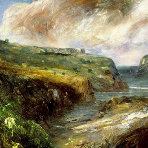 Image similar to detailed painting of a lush natural scene on an alien planet by john constable. beautiful landscape. weird colourful vegetation. cliffs and water.