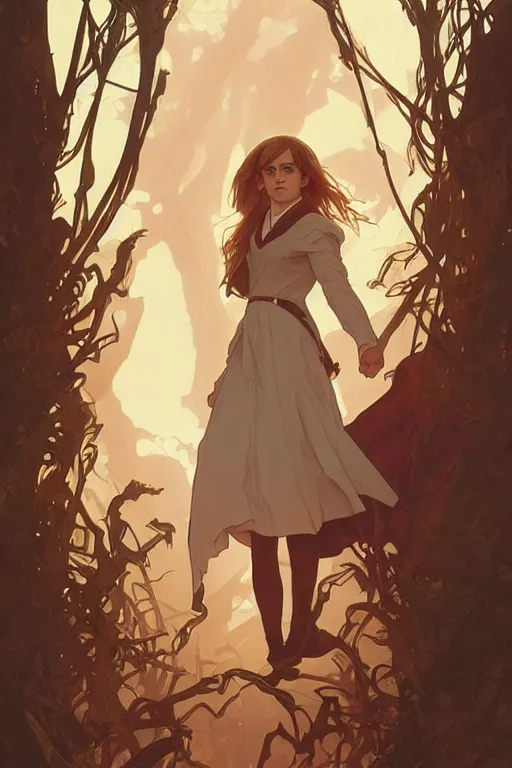 Image similar to Poster artwork, Emma Watson as Hermione Granger, medium shot, details, sharp focus, illustration, by Jordan Grimmer and Alphonse Mucha and greg rutkowski and PiNe(パイネ) and 薯子Imoko and 香川悠作 and maya takamura, intricate, beautiful, Trending artstation, pixiv, digital Art