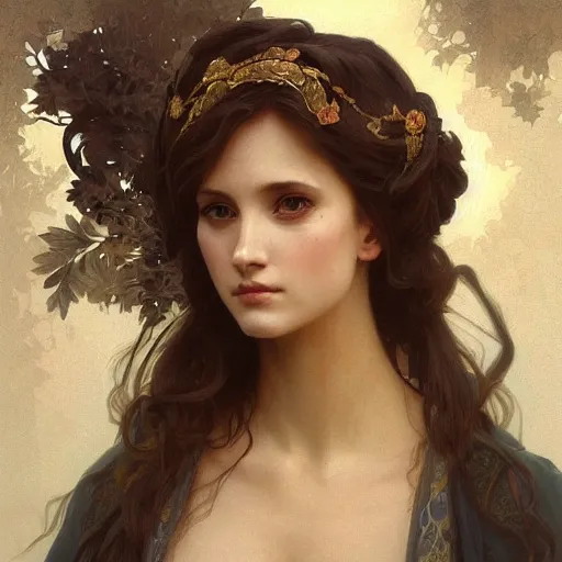 Prompt: portrait of slavic goddess, intricate, elegant, highly detailed, digital painting, artstation, concept art, smooth, sharp focus, illustration, art by artgerm and greg rutkowski and alphonse mucha and william - adolphe bouguereau