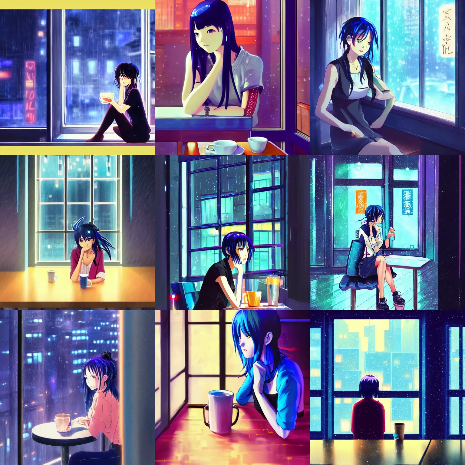 Prompt: beautiful anime painting of a woman with dark-blue hair sitting in a cafe next to a window, rainy night, outside are neon lights from a dense city, by makoto shinkai, kimi no na wa, artstation, atsmospheric, high detail