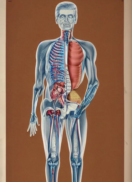 Image similar to vintage medical anatomical illustration of donald trump ( 1 9 8 4 ), highly detailed, labels, intricate writing