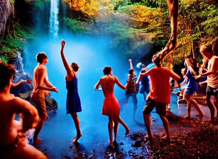 Prompt: people dancing under a waterfall highly detailed sharp zeiss lens 3 5 mm kodachrome film masterpiece ryan mcginley moonmilk fireworks trees nature running cave with blue ambient lighting