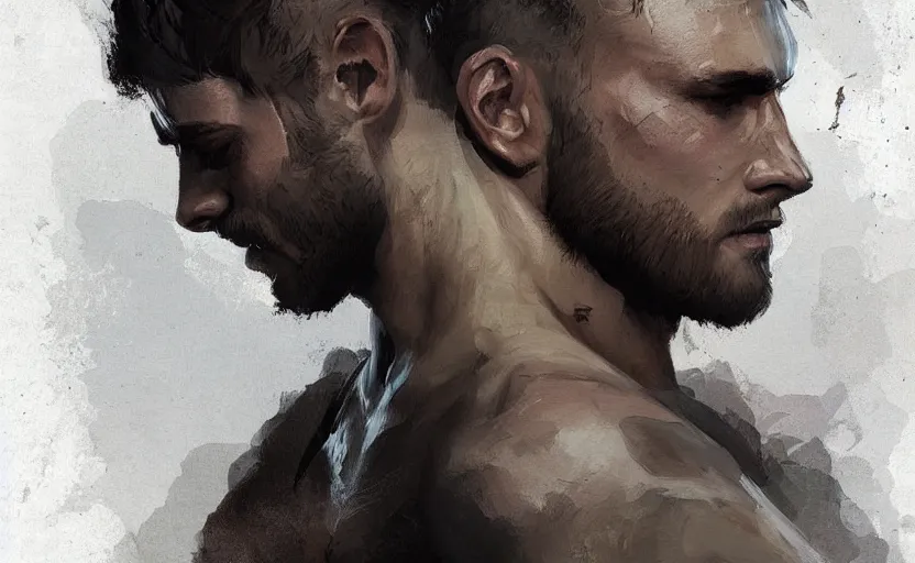 Prompt: a painting of arkul trending on artstation in the style of greg rutkowski, beautiful, male, sensual, natural skin, muscular, stubble, warrior tattoo