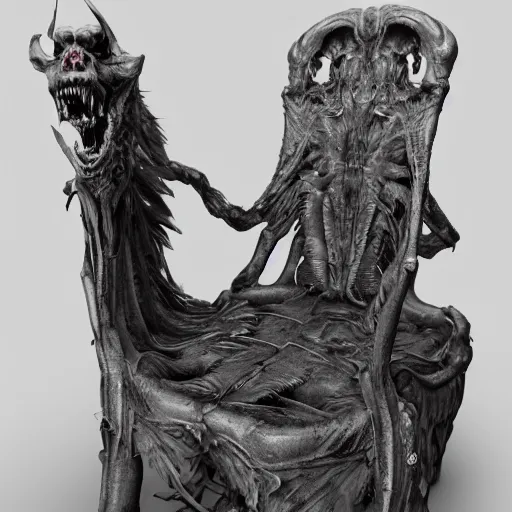 Image similar to monster graveyard chair, portrait of daemons, beings of astonishing structure, high detail, cinematic, cgsociety 8k phantom grip