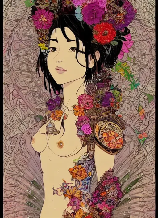 Prompt: !!! very coherent!!! beautiful floralpunk balinese cyborg portrait girl female illustration detailed patterns art of bali traditional dress, flower pop art, floral splash painting, art by geof darrow, ashley wood, alphonse mucha, makoto shinkai, dark shadow