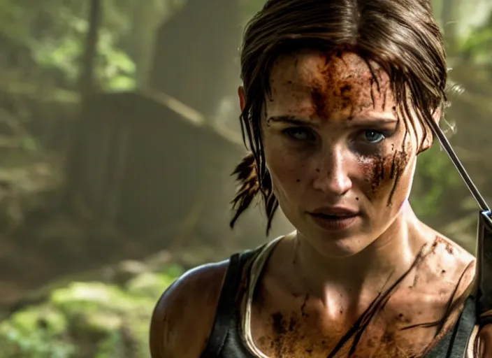 Image similar to film still of!!!! daisy edgar - jones!!! as lara croft in new tomb raider movie, 8 k