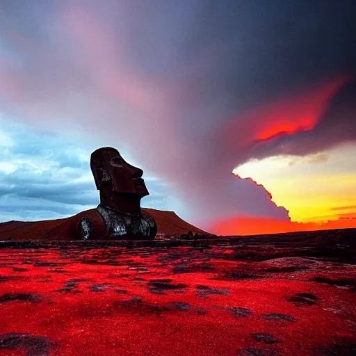 Image similar to a red sky and molten ground landscape, easter island heads are sinking in to the ground crumbling and seems to be fighting a storm or volcano