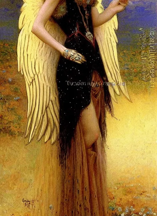 Image similar to vertical prtrait of an angel knight gothic girl, baroque dress. by gaston bussiere