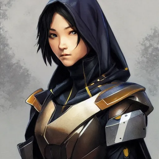 Prompt: cassandra cain in destiny hunter armor, small shoulder pads, wearing a hooded cloak, beautiful face!!!!, 2 7 years old, cg animation, realistic, character select portrait, by artgerm, greg rutkowski, alphonse mucha, 3 d