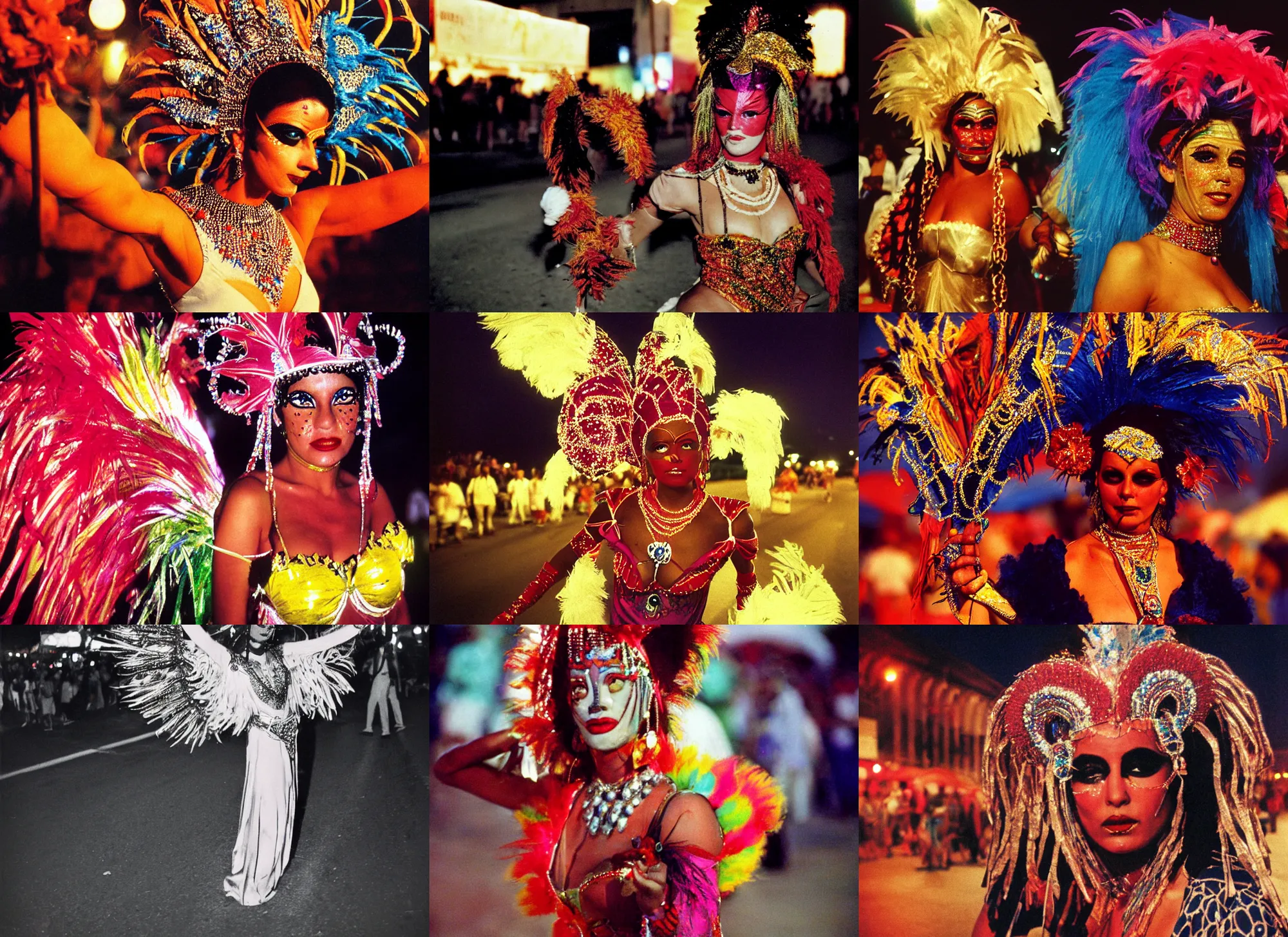 Prompt: color photograph portrait of a beautiful woman in costume on the road at the brazilians carnival, people, night, summer, dramatic lighting, 1 9 9 0 photo from live magazine.