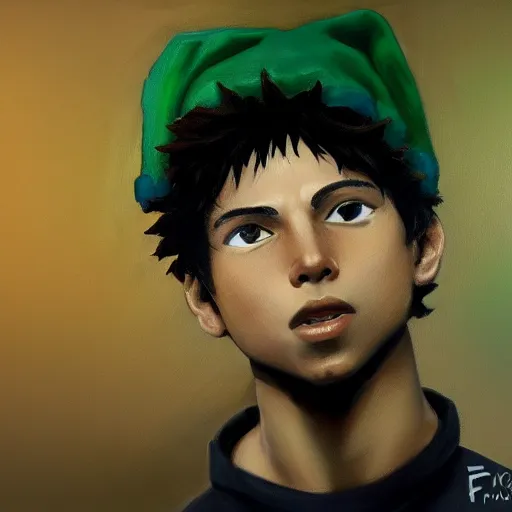 Prompt: an oil painting of a izuku midoriya wearing a hip - hop rap christmas hat drawn by frank frazetta, hd, hdr, ue 5, ue 6, unreal engine 5, 3 d, cinematic 4 k wallpaper, 8 k, ultra detailed, high resolution, artstation, award - winning pencil drawing