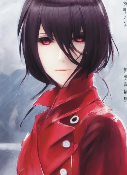 Image similar to luxury advertisement, medium close-up of a manga girl with a red trenchcoat by krenz cushart, Sasoura, Satchely and Akihiko Yoshida, black medium length Dutch bob cut hair with straight bangs, poster