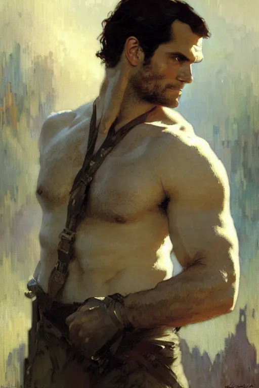 Image similar to henry cavill, attractive man, futurism, painting by gaston bussiere, craig mullins, greg rutkowski, alphonse mucha