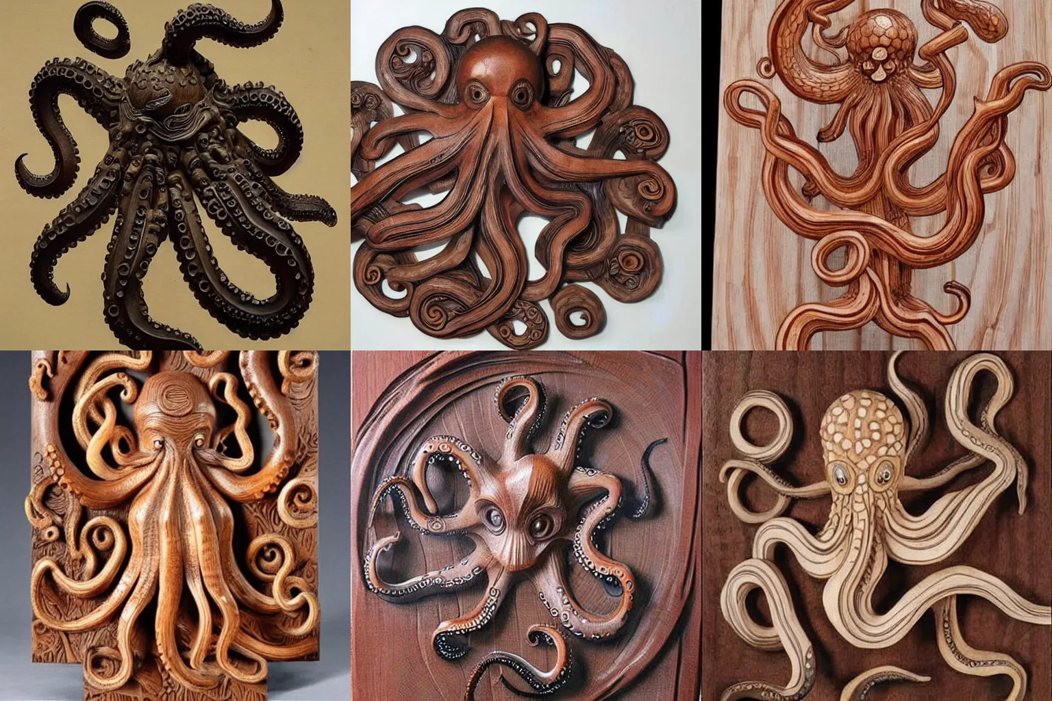 Prompt: octopus wood carving by Chinese master, very detailed