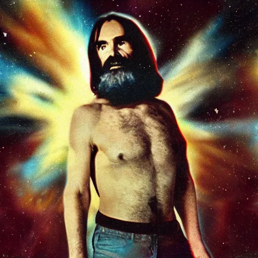 Image similar to charles manson floating above the infinite universe, awe inspiring, high detail