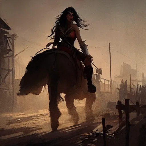 Image similar to old west concept art by greg rutkowski, wonder woman walking through a desolate town with broken down shops and a saloon, enigmatic atmosphere, beautiful and cinematic lighting, artstation hq.