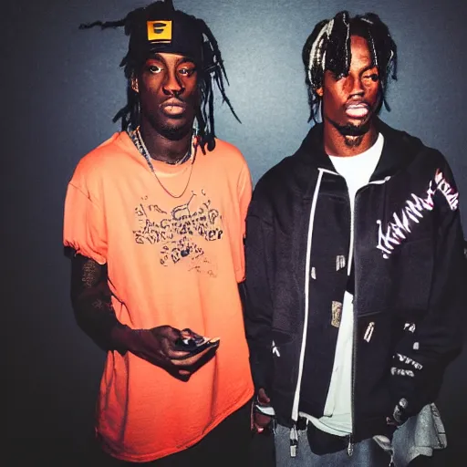 Image similar to ninja and travis scott, photograph, washed out, phone camera