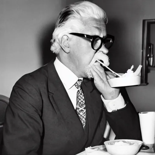 Image similar to An old vintage photograph of Colonel Sanders eating at McDonalds, 4k, highly detailed, photorealistic