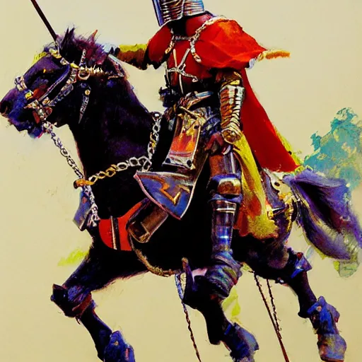 Image similar to mel gibson as rider with couched jousting lance, medieval helmet, colorful caparisons, chainmail, detailed by greg manchess, craig mullins, bernie fuchs, walter everett, low angle