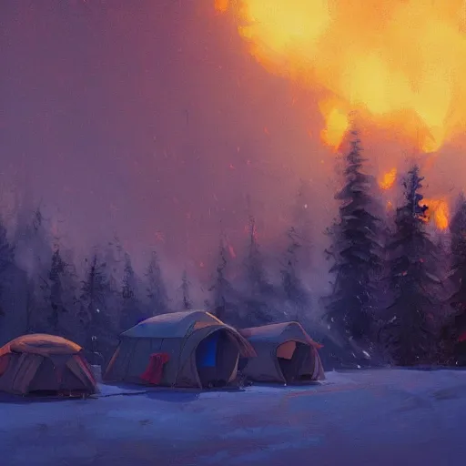 Image similar to a camp with tents on fire, burning down, shadows of 3 girls watching the camp burn, snow, dusk, painted by Sylvain Sarrailh, trending on Artstation