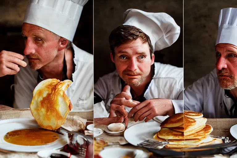 Image similar to closeup potrait Dutch chefs impressing french peasants with superior pancakes, natural light, sharp, detailed face, magazine, press, photo, Steve McCurry, David Lazar, Canon, Nikon, focus