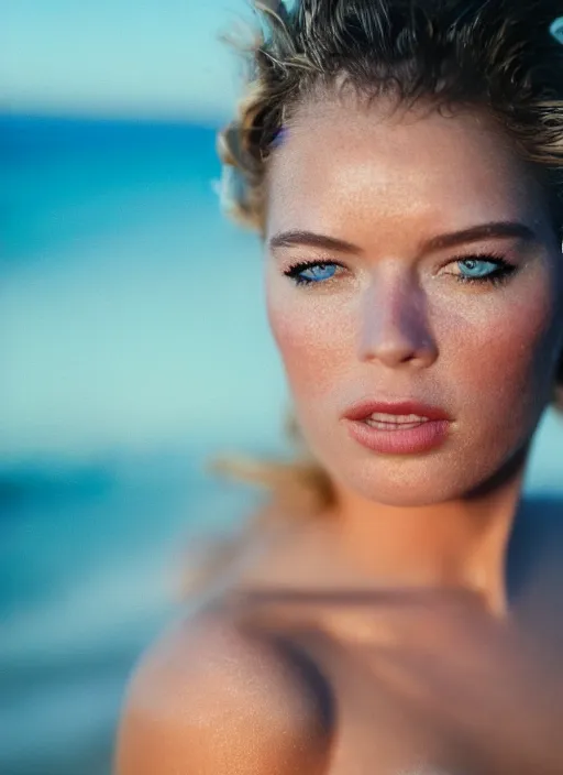 Image similar to A hyper realistic and detailed head portrait photography of Rebecca Romijn, swimsuit model on a beach. by Cameron Hammond. vaporwave style. blue hour. KODAK EKTAR 100. Lens flare. Summilux 50mm