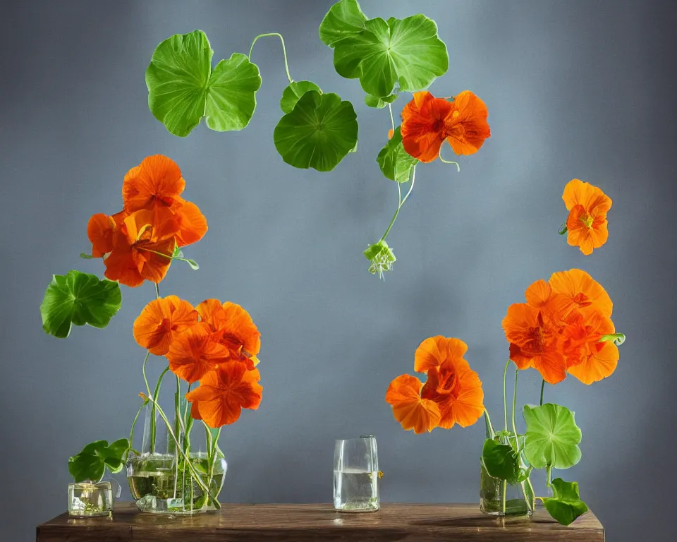 Image similar to photorealistic still life arrangement of a flowering nasturtium surrounded by blueish smoke with soft light coming from a window in a very dark room