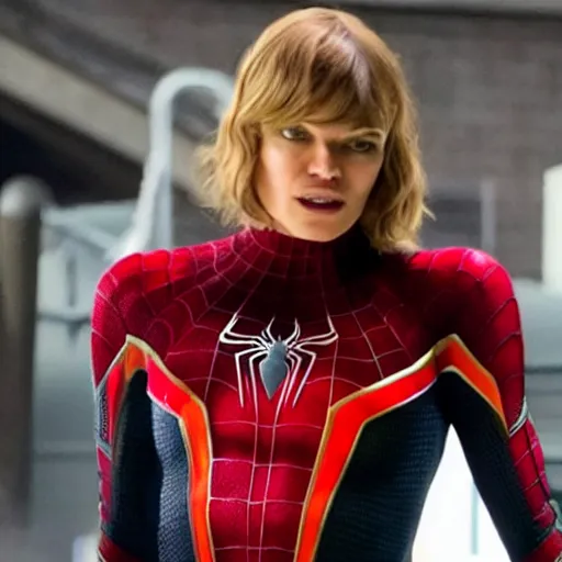 Prompt: A still of Mila Jovovich as spiderwoman in Spiderman 4 (2023), blonde hair with pink highlights, no mask