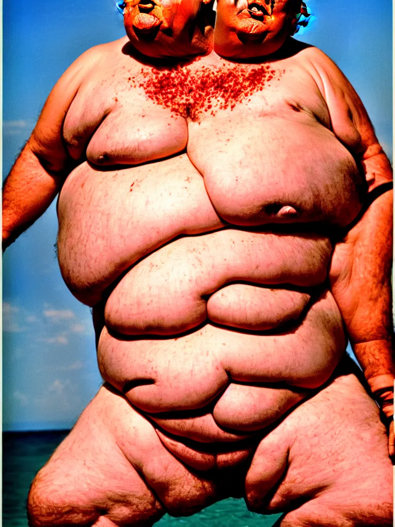 Image similar to a portrait photograph of an extremely obese donald trump wearing a skimpy bikini, his body is covered in boils, gargantuan warts and skintags. perfect focus and detail, in style of david bailey for playgirl.