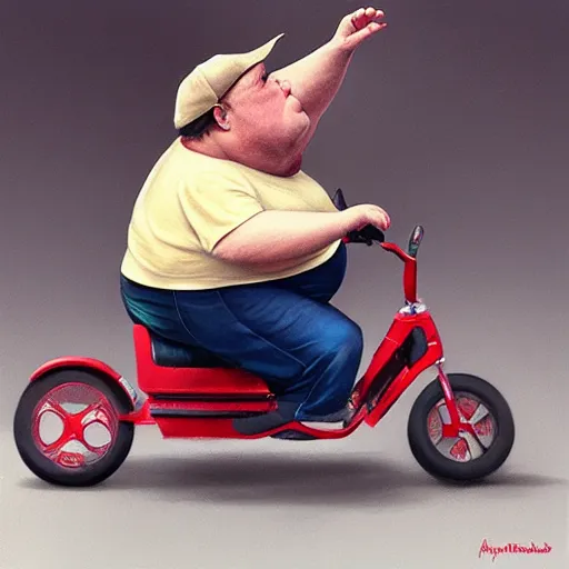 Image similar to hyper realistic obese steve buscemi riding a tiny tricycle, painted by greg rutkowski, wlop, artgerm