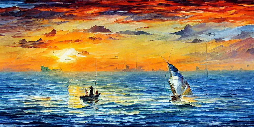 Image similar to rising sun ( ( ( fishing cormorant, fishing boat ) ) ) on the naples bay, by leonid afremov and moebius