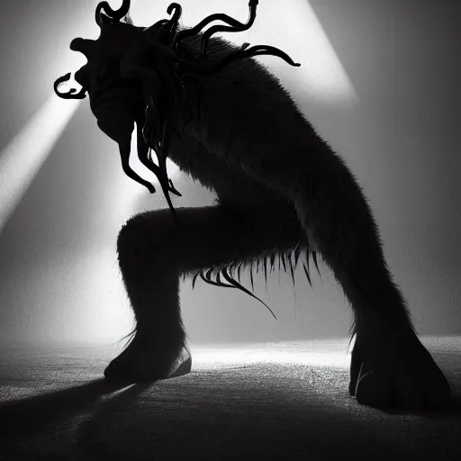 Image similar to vray render of the shadow of a monster with lots of tendrils, shadow and light, black and white, lens flare, dark monster, vray