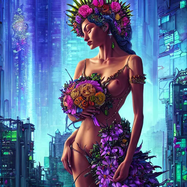 Image similar to Beautiful 3d render of the flower queen goddess in a sensual pose, in the style of Dan Mumford, with a crowded futuristic cyberpunk city in the background, astrophotgraphy