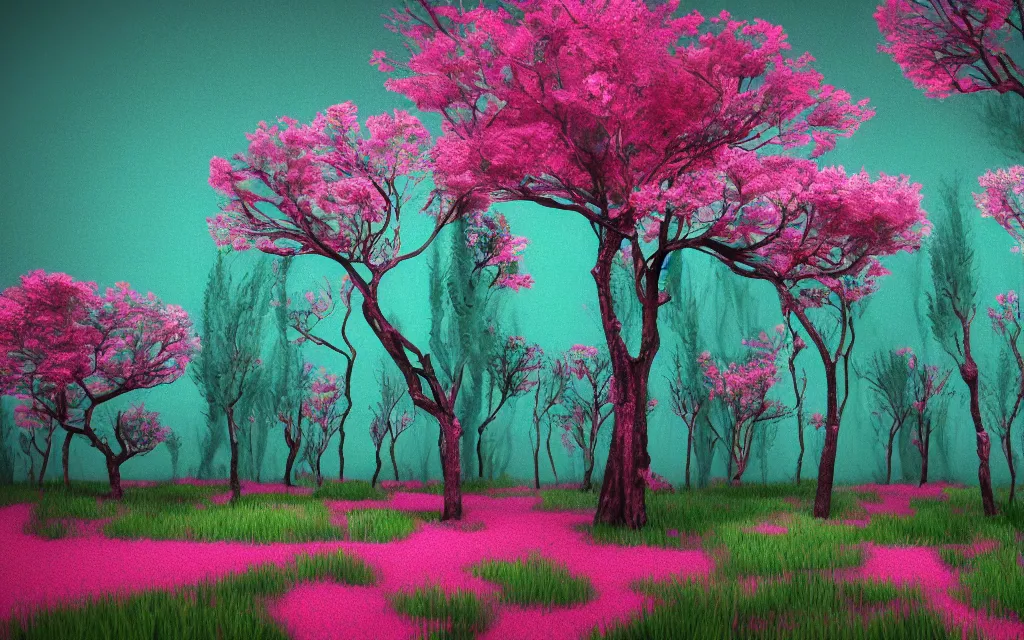 Prompt: teal whimsical landscape full of pink trees, 3 d render, tim burton