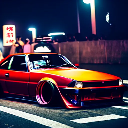 Image similar to a car s30 turbo drift at illegal car meet, Shibuya prefecture, city midnight mist lights, cinematic lighting, photorealistic, highly detailed wheels, high detail