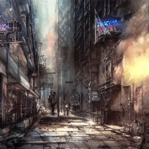 Image similar to street shooting in post apocalyptic city, by luis royo, retro fantasy, details, digital, artstation