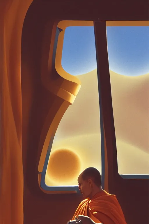 Image similar to portrait of a monk in a spaceship, looking out of a round window, orange robe, dramatic lighting, artstation, matte painting, ralph mcquarrie