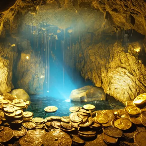 Image similar to inside the wishing well cavern, piles of gold coins, shallow water, gold refractions off water, moonlight beam from above illuminates cavern, cory feldman is kicking the water, reflective clean water on cavefloor, slick wet walls, leaves cave, small flowing stream from wall, the hippies are setting up a cloud camp, gold dappled lighting, movie poster painting