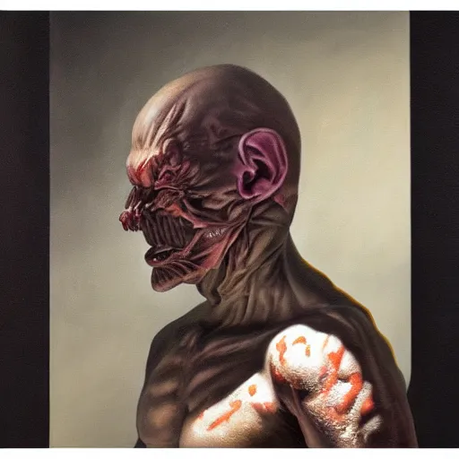 Image similar to oil painting by christian rex van minnen of a portrait of an extremely bizarre disturbing mutated man with intense chiaroscuro lighting perfect composition