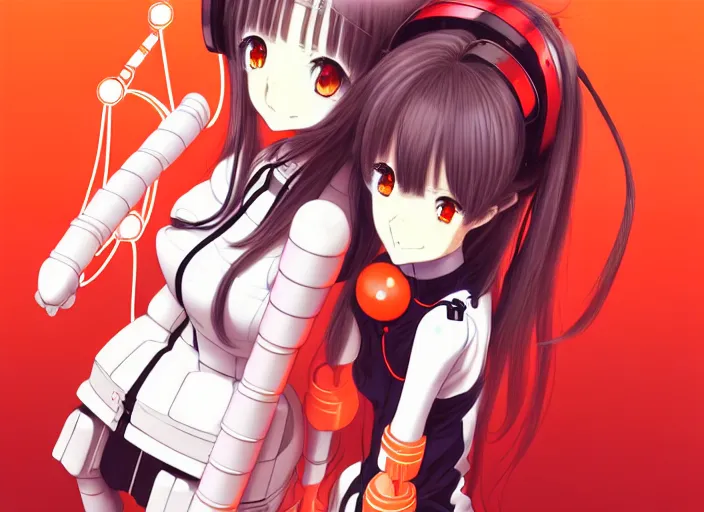 Image similar to anime girl with her robot friend,Karolis Strautniekas, yoshitoshi abe, haruhiko mikimoto, tsuruta kenji, murata range,kawaii, kyoto animation, manga, intricate, detailed, studio lighting, orange red black white, gradation,editorial illustration, matte print, Ilya Kuvshinov