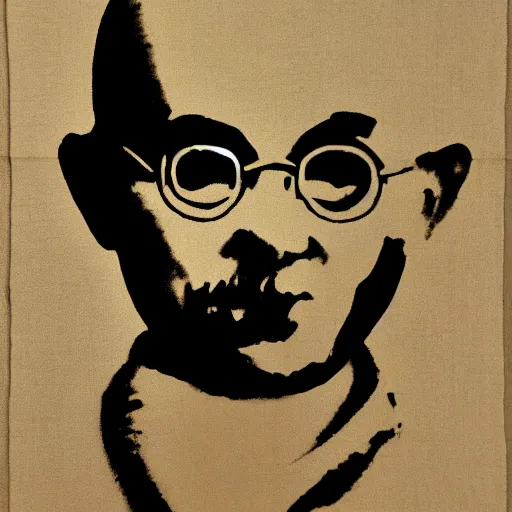 Prompt: individual ghandi silk screen portrait banksy style