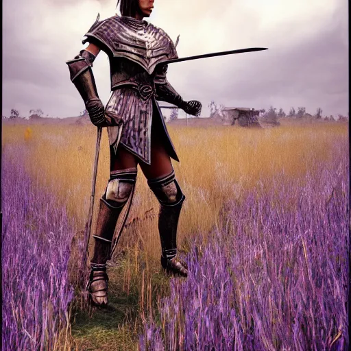 Image similar to a paladin posing in a field, 3 dcg, ps 1, morrowind, mmorpg, portrait, fashion photography, by mario testino, davide sorrenti, jemal shabazz