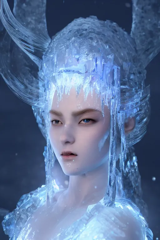 Image similar to ice goddess with beautiful face with a glowing blue crystal on her forehead, frosty white eyes, winter mist around her, white plated armor, pale skin, white smoke ， photorealism, octane render, frostbite, 8 k, cinematic, 3 5 mm, aspect ratio